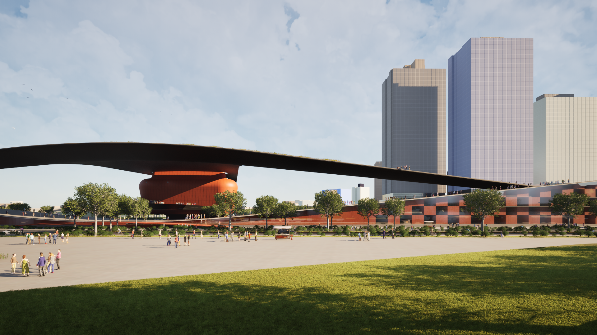 Taipei Pop Music Center urban masterplan with outdoor amphitheater and elevated auditorium