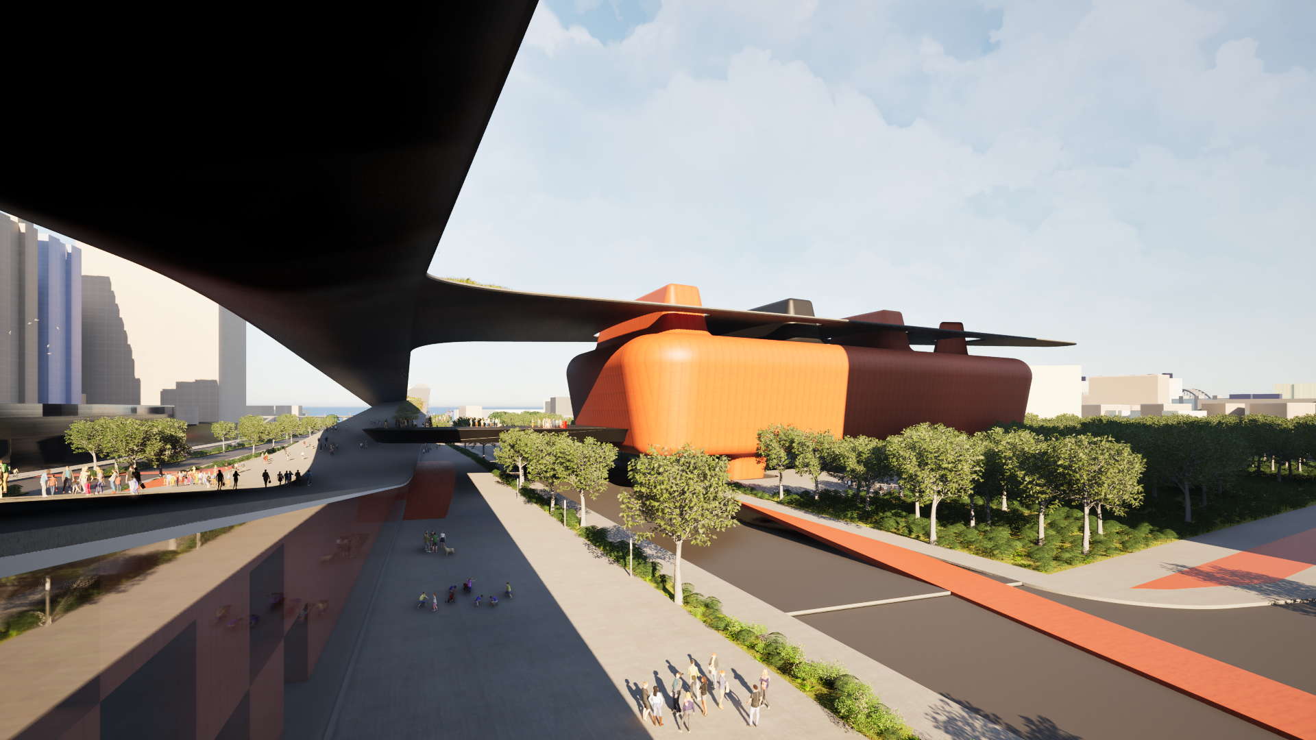 Taipei Pop Music Center urban masterplan with outdoor amphitheater and elevated auditorium