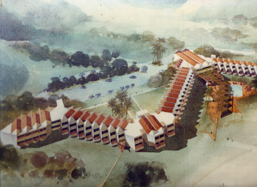 erial watercolor of the unbuilt 200-room hotel at Ocotal Beach Resort with a Z-shaped floor plan and zigzagging facade, highlighting corner windows and terracotta accents.