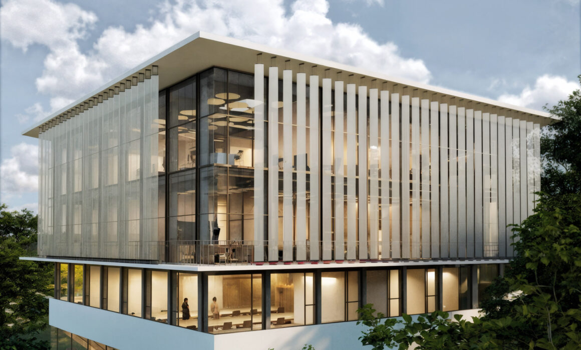 Southeast exterior render of the COSEVI Projects Directorate showing vertical solar shades and glazed facades on a sloped site in San José, Costa Rica