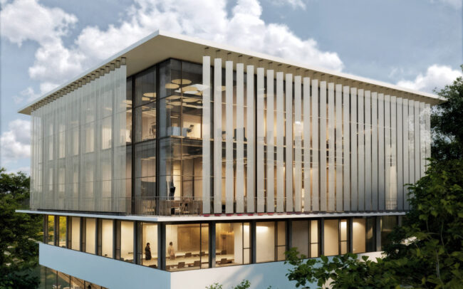 Southeast exterior render of the COSEVI Projects Directorate showing vertical solar shades and glazed facades on a sloped site in San José, Costa Rica