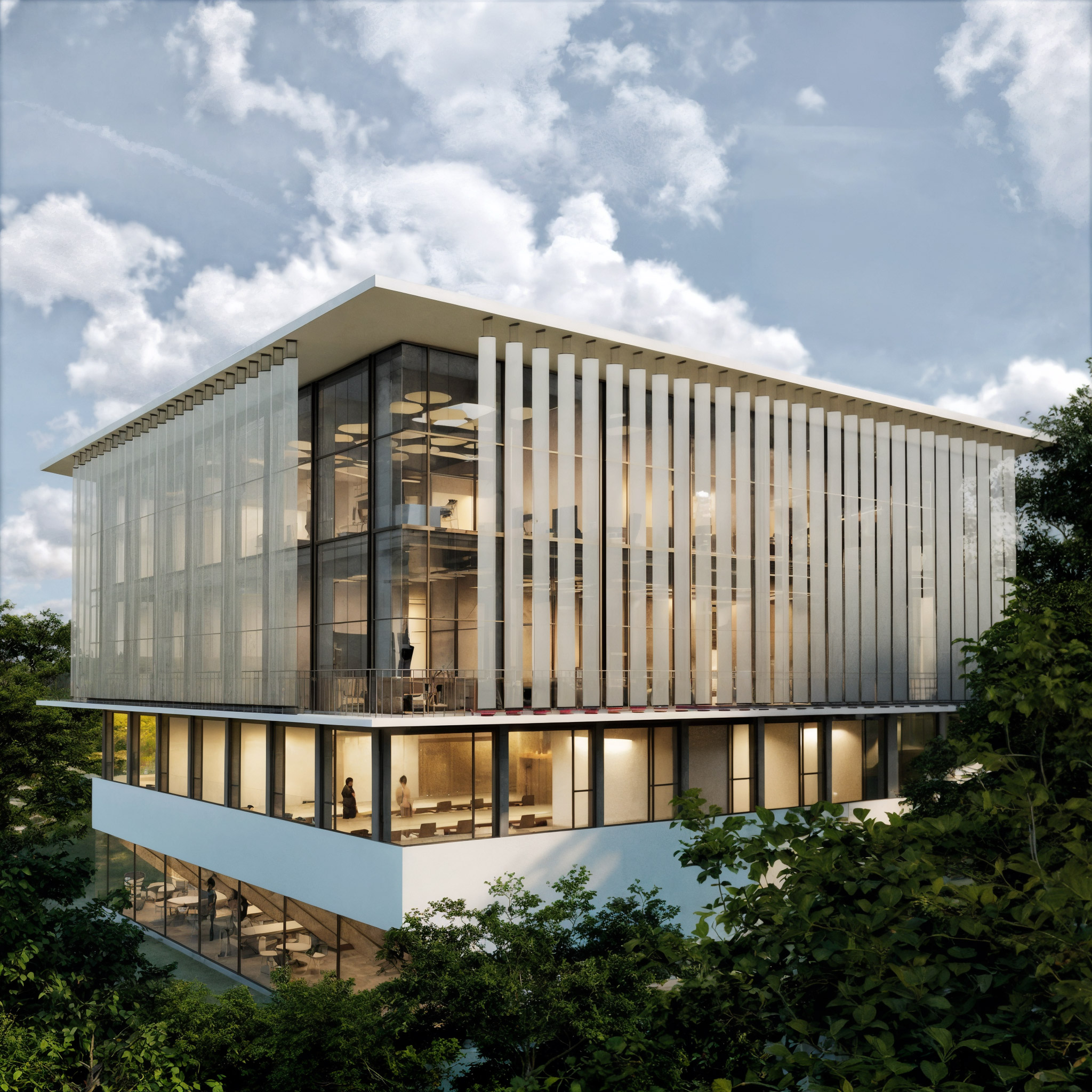 Southeast exterior render of the COSEVI Projects Directorate showing vertical solar shades and glazed facades on a sloped site in San José, Costa Rica