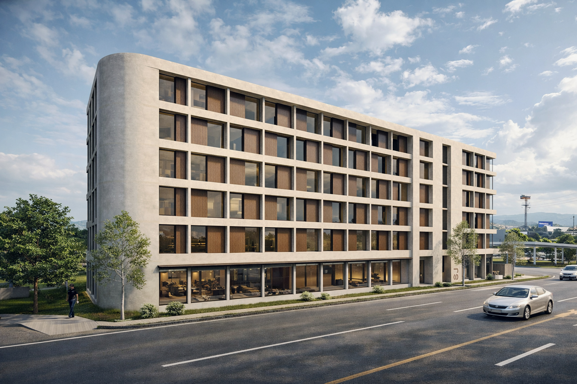 Render arquitectónico de hotel en aeropuerto frente al Aeropuerto SJO, Costa Rica, con fachada contemporánea de seis pisos con acentos de madera cálida y vidrio en planta baja.