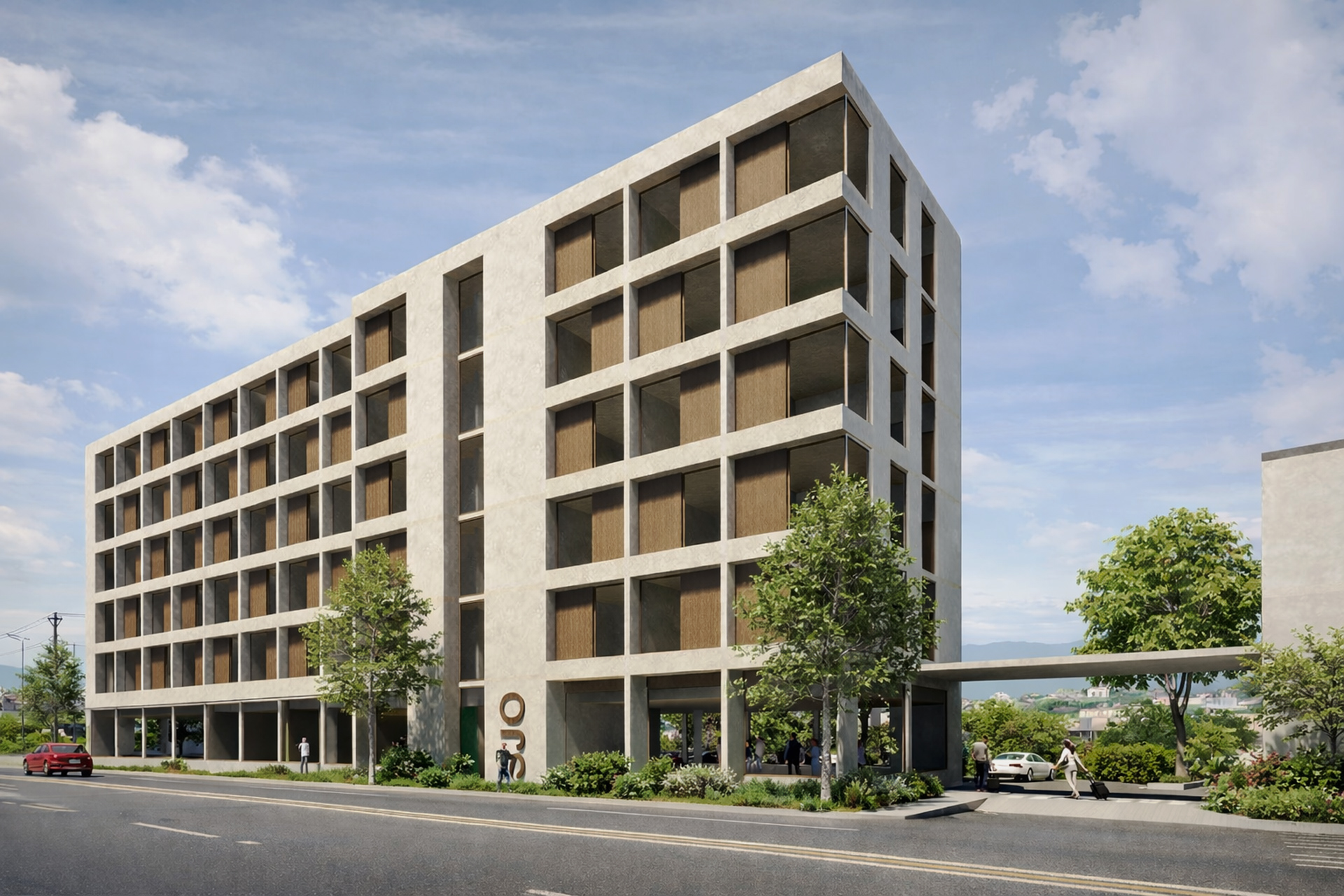 Propuesta de hotel contemporáneo frente al Aeropuerto Internacional Juan Santamaría (SJO), con fachada curva de concreto, marcos de ventana profundos, acentos de madera cálida y paisajismo tropical a lo largo de la calle.