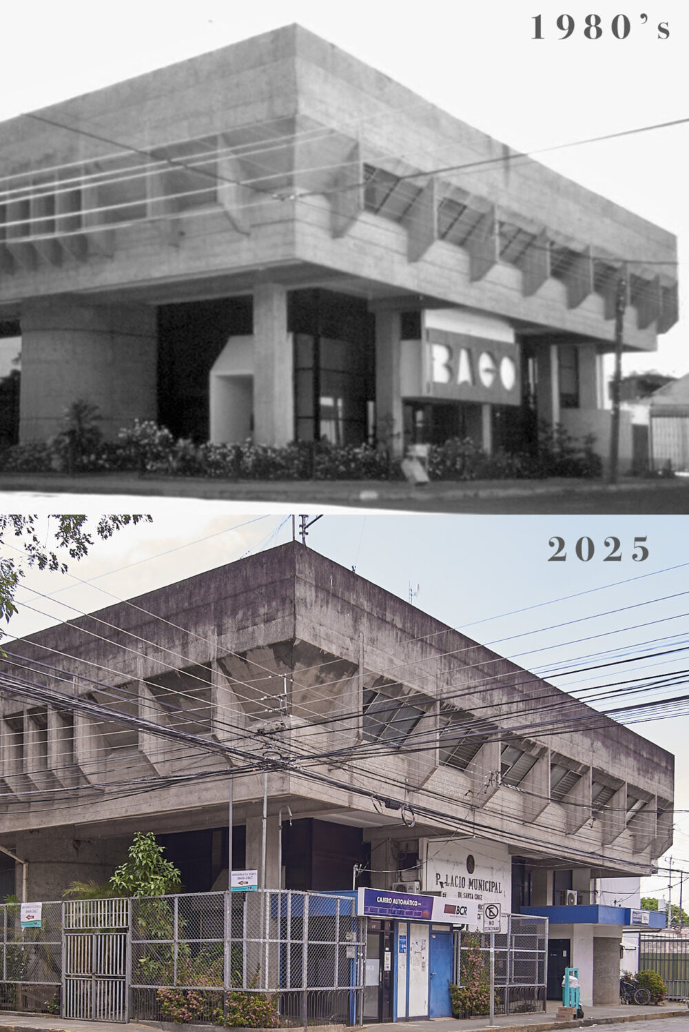 Before and after comparison of Palacio Municipal de Santa Cruz, former Banco Anglo Costarricense branch — heritage modern architecture recovery proposal, Santa Cruz, Guanacaste, Costa Rica — ICESA