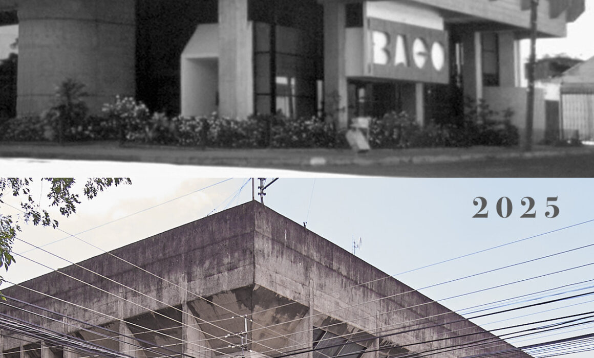 Before and after comparison of Palacio Municipal de Santa Cruz, former Banco Anglo Costarricense branch — heritage modern architecture recovery proposal, Santa Cruz, Guanacaste, Costa Rica — ICESA