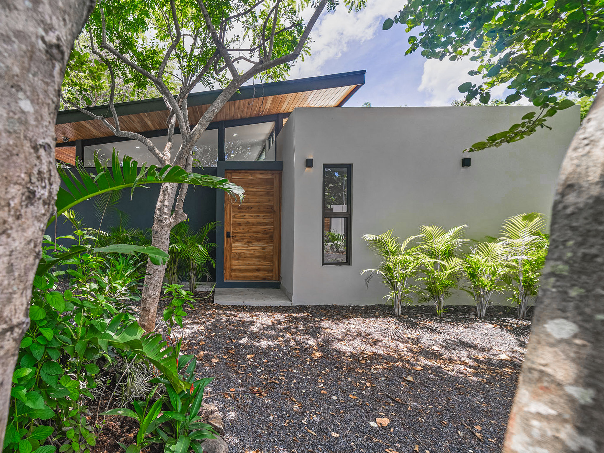 View of the main façade filtered through the branches of the front tree.