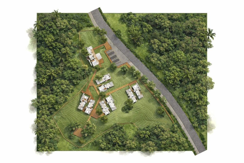 Boutique lodge buildings of Caño Negro Lodge immersed in the Costa Rican Caribbean forest with elevated terraces and balconies. Masterplan