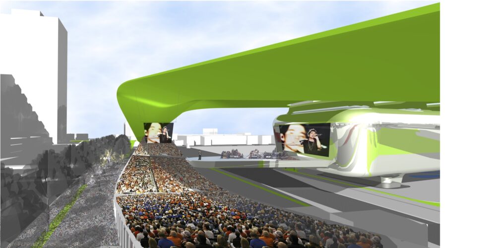 Conceptual Sketch Outdoors Roof Concert Taipei Pop Music Center urban masterplan with outdoor amphitheater and elevated auditorium