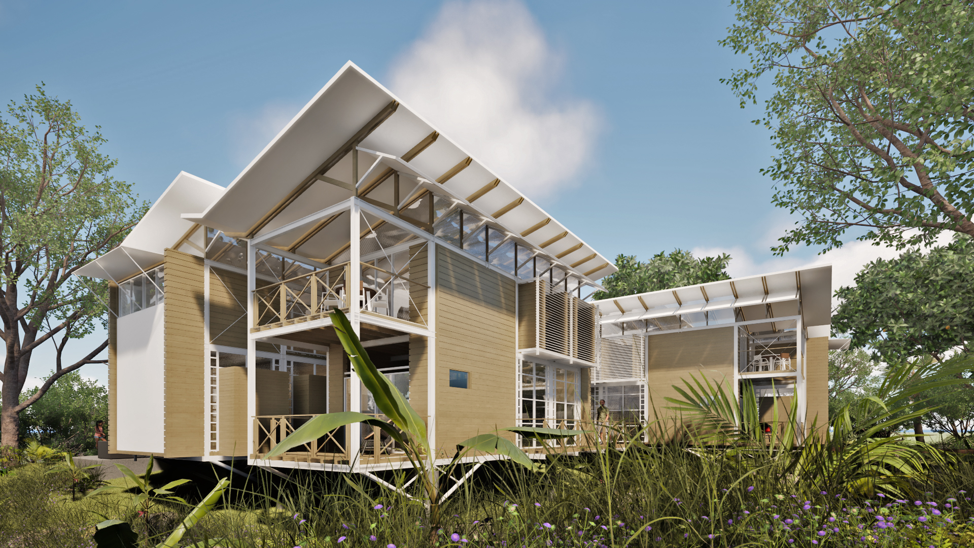 Elevated lodge units of Caño Negro Lodge connected by wooden walkways within the Caribbean forest of Cocles, Limón.