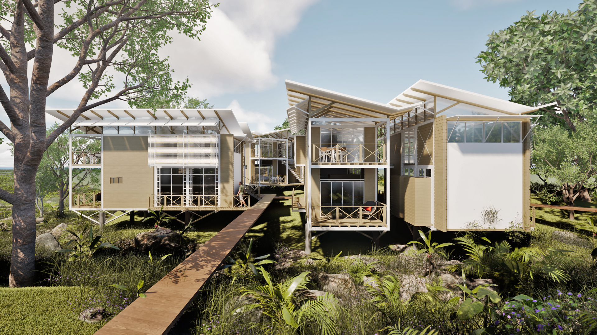 Elevated lodge units of Caño Negro Lodge connected by wooden walkways within the Caribbean forest of Cocles, Limón.