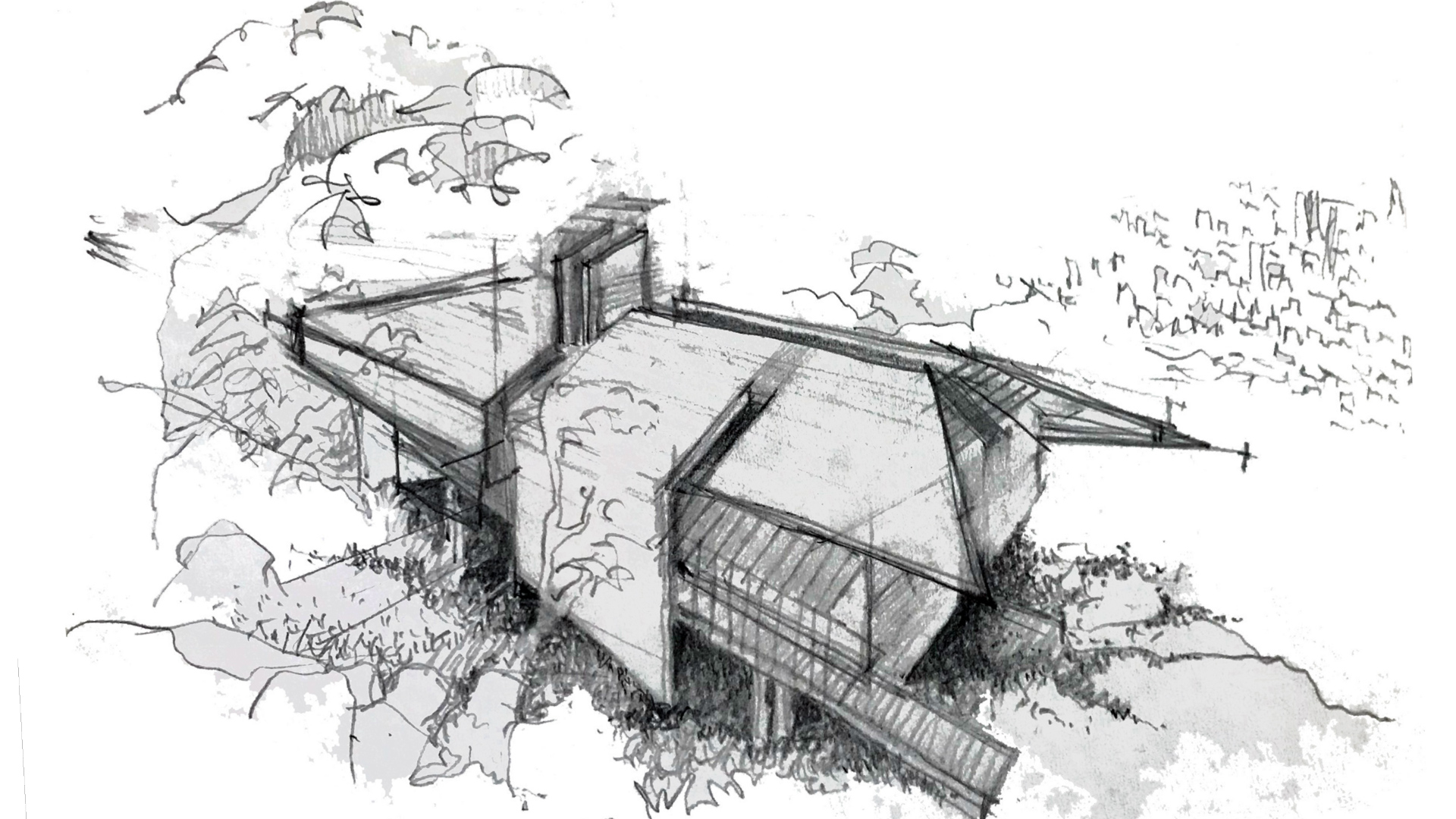 Casa-Arias_Concept Sketch_Perspective Architectural perspective sketch of a tropical house with sloped roofs, shaded terraces, and open edges integrated into a steep vegetated site.
