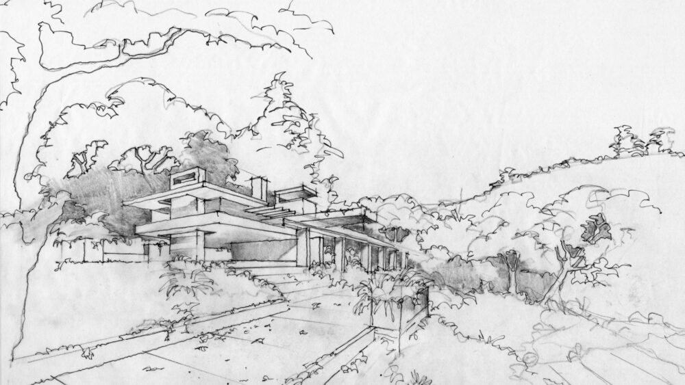 Architectural sketch of a modern house set within dense tropical vegetation, showing deep overhangs, horizontal planes, and a close relationship between architecture and landscape.