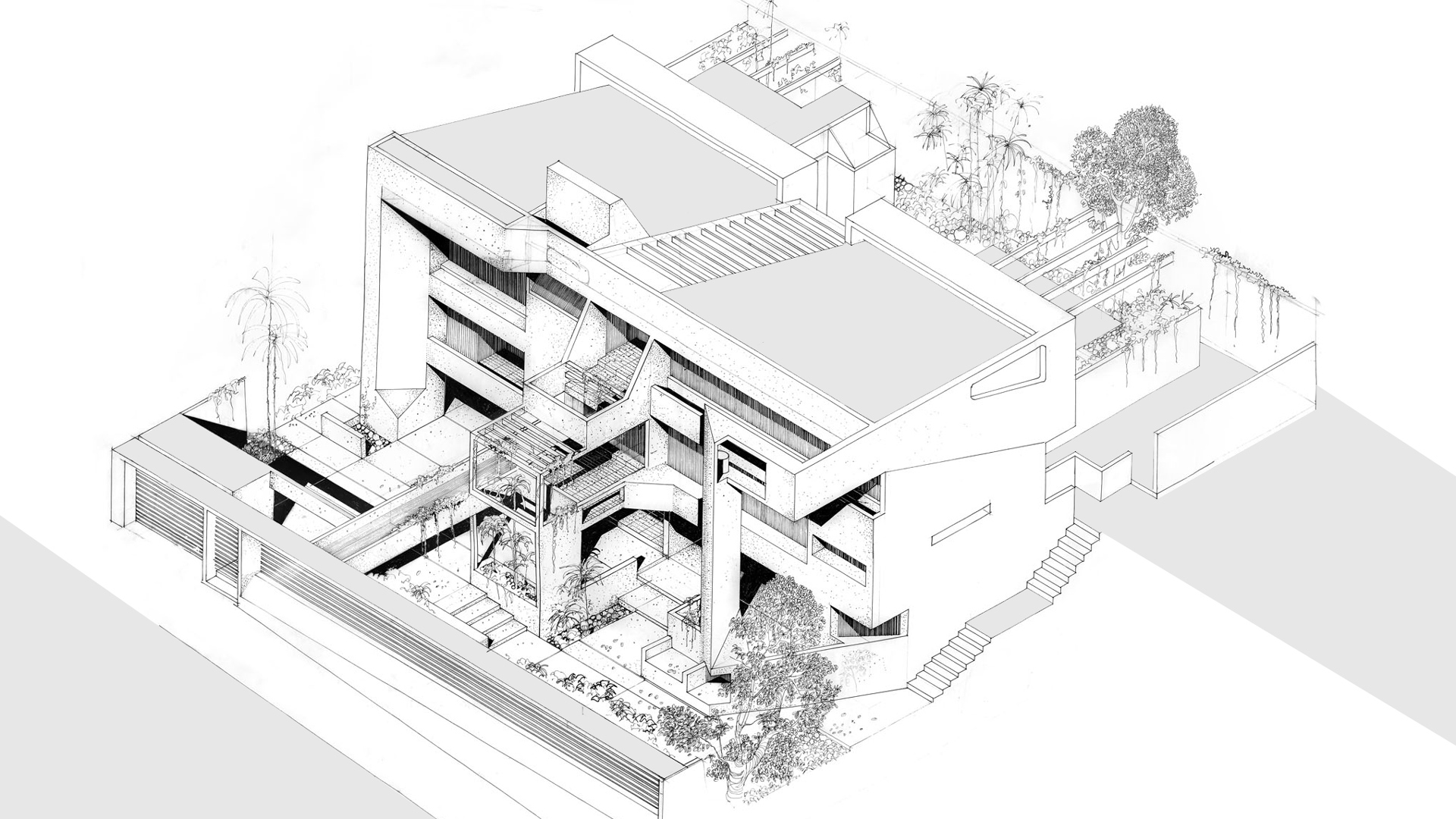 House Hand Ink Isometric Isometric architectural drawing of a house organized around courtyards, terraces, planted voids, and shaded circulation, showing the relationship between built form, vegetation, and environmental design.