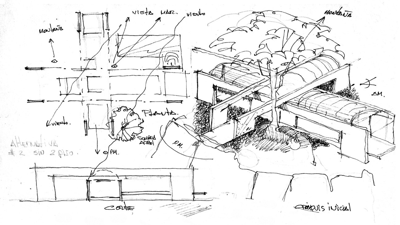 Vision-Hand-Sketch Architectural concept sketch showing site analysis and early spatial idea for a tropical house, combining orientation, wind and view diagrams with a perspective centered on an existing tree.