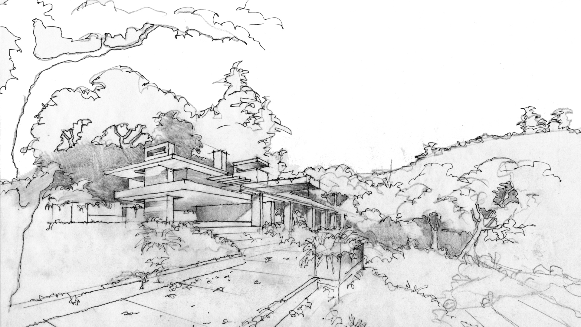 Vista-completa_blanco Architectural sketch of a modern house set within dense tropical vegetation, showing deep overhangs, horizontal planes, and a close relationship between architecture and landscape.