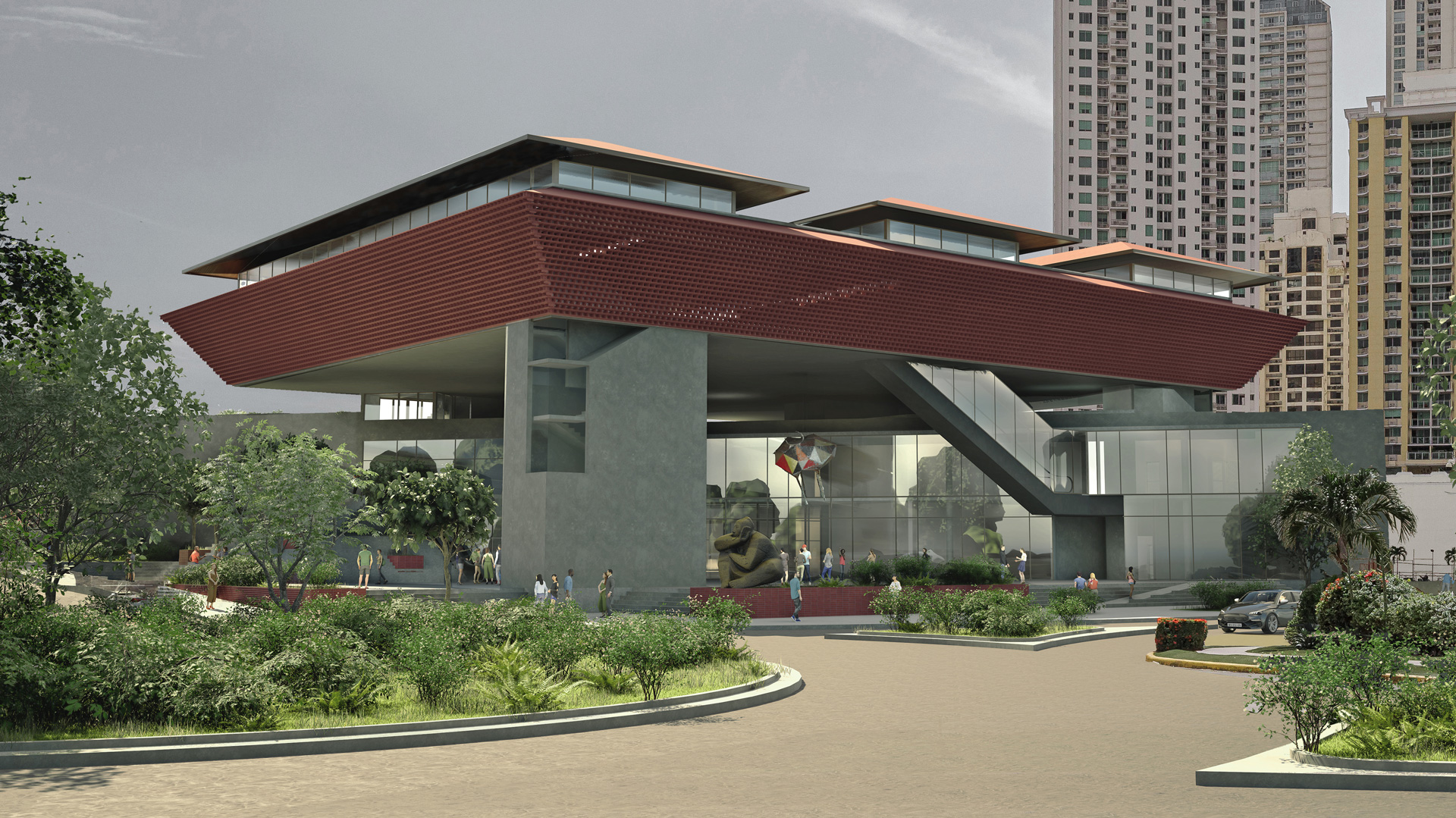 Vista de tres cuartos de El Ático, nueva sede del MAC Panamá, mostrando la escala horizontal del edificio en contraste con las torres de San Francisco al fondo.