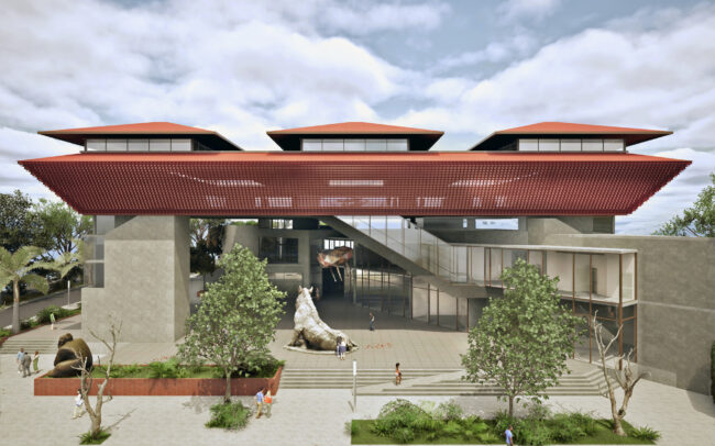 El Ático, propuesta para el MAC Panamá: el ático de celosía de barro cocido cubre la plaza pública Atrio Arte, con esculturas y visitantes al nivel de calle.