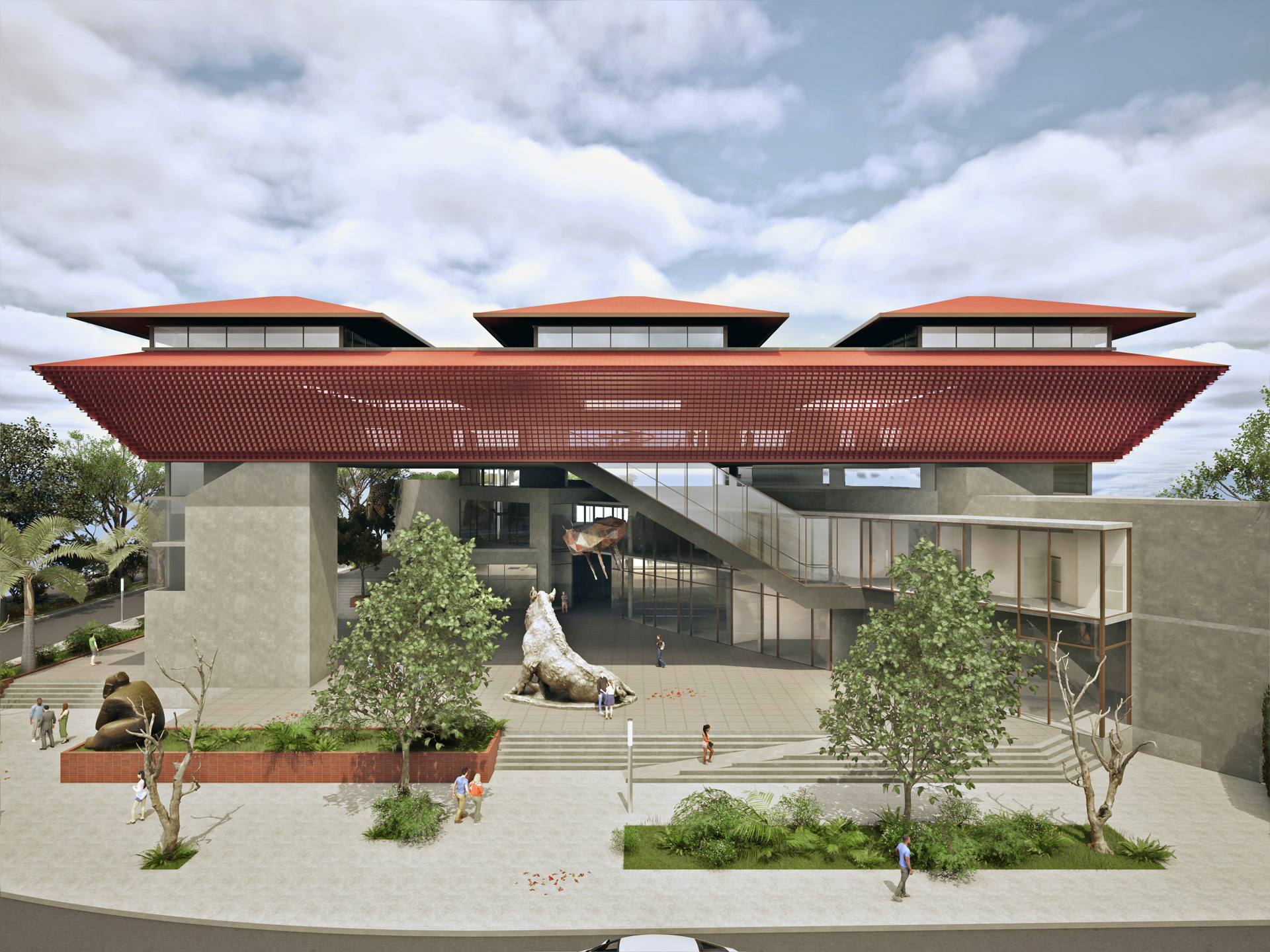 El Ático, propuesta para el MAC Panamá: el ático de celosía de barro cocido cubre la plaza pública Atrio Arte, con esculturas y visitantes al nivel de calle.