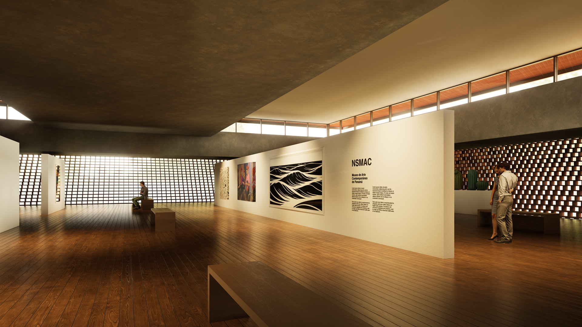 Interior de la sala de exhibición de El Ático, con celosía perimetral de barro cocido, luz cenital indirecta, y piso de madera.