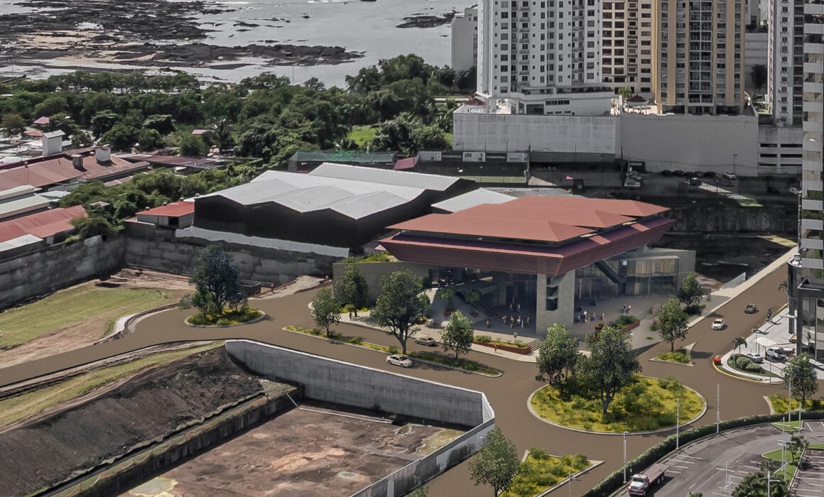 Vista aérea del emplazamiento del MAC Panamá entre la comunidad pesquera de Boca La Caja, el Pacífico, y las torres de San Francisco.