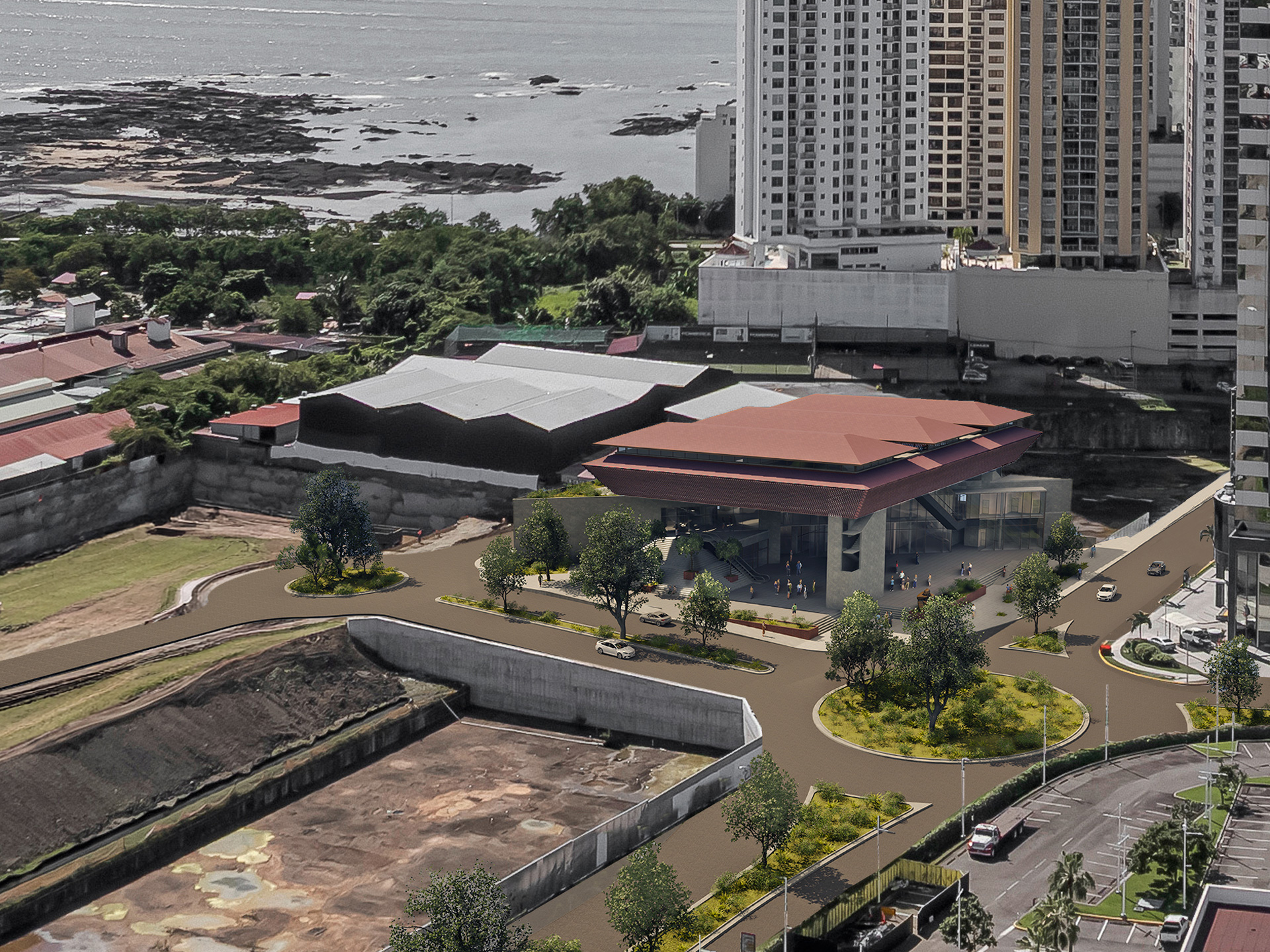 Vista aérea del emplazamiento del MAC Panamá entre la comunidad pesquera de Boca La Caja, el Pacífico, y las torres de San Francisco.