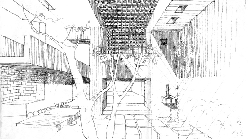 Hand sketch Apartment courtyard Architectural sketch of a tropical interior courtyard with filtered light, a gridded overhead canopy, trees, water, and open circulation between built volumes.