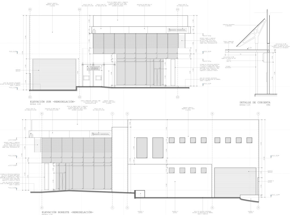 BNCRSANRAFAELPLANS Facade drawings of the renovated BNCR Banco Nacional branch in San Rafael, Costa Rica, featuring a white volume with blue corporate signage band, aluminum sun-shading louvers, full-height glazed ground floor, and accessible parking.
