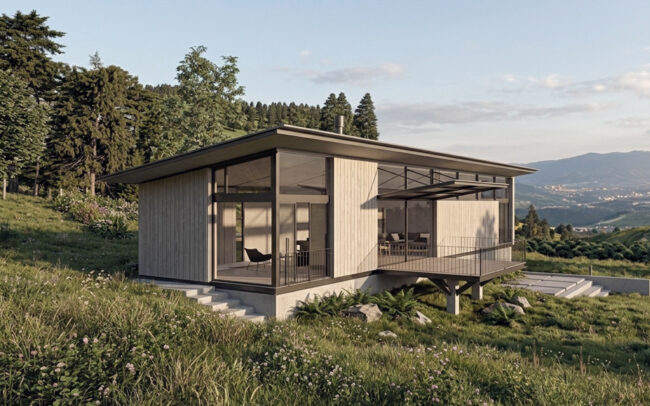 Render of a small wood and steel house in the mountains of Cartago view of the mountains
